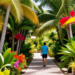Caribbean Holidays, September Wellness, A peaceful Dominican Republic tropical garden with a shaded path, lush palms, colourful flowers and a traveller enjoying a quiet walk