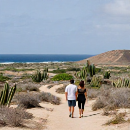 Caribbean Holidays, September Wellness, A peaceful walk through Cura&ccedil;ao&rsquo;s dry tropical landscape with cacti, low hills, sea views and a relaxed couple exploring