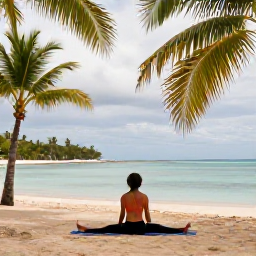Caribbean Holidays, September Wellness, A person practising yoga on a quiet sandy beach in Tobago, surrounded by palm trees and calm Caribbean sea