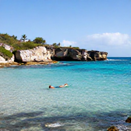 Caribbean Holidays, September Wellness, A quiet Cura&ccedil;ao cove with clear shallow water, a swimmer enjoying a peaceful morning and rugged tropical coastline