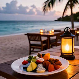 Caribbean Holidays, September Wellness, A relaxed evening at a Dominican Republic beachfront restaurant, healthy Caribbean food, soft lantern light and calm sea beyond