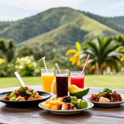 Caribbean Holidays, September Wellness, A relaxed outdoor table overlooking lush Caribbean hills in Trinidad and Tobago, with healthy local food and fresh tropical fruit
