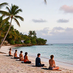 Caribbean Holidays, September Wellness, A small group practising yoga beside a calm Caribbean beach in the Dominican Republic, sunrise, tropical greenery and peaceful natural surroundings