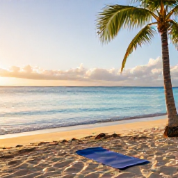 Caribbean Holidays, September Wellness, A tranquil Dominican Republic beach at sunrise in September, calm turquoise water, soft golden light, palm trees and an inviting yoga mat on the sand