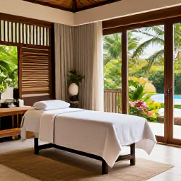 Caribbean Holidays, September Wellness, A tranquil spa treatment in a stylish Caribbean resort, with natural materials, soft light and views of tropical greenery