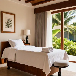 Caribbean Holidays, September Wellness, An elegant Dominican Republic resort spa treatment room with natural wood, white towels, tropical greenery and a serene atmosphere