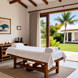 Caribbean Holidays, September Wellness, Elegant Caribbean spa treatment room in Saint Martin, natural wood, white towels, candles and tropical garden view