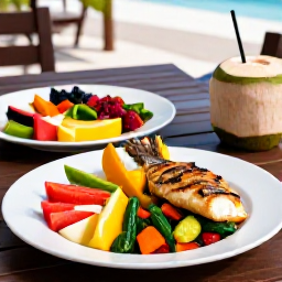 Caribbean Holidays, September Wellness, Fresh Caribbean meal with colourful tropical fruit, grilled fish, vegetables and coconut drink on a relaxed outdoor table
