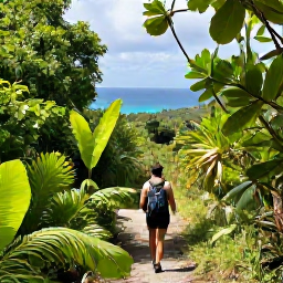 Caribbean Holidays, September Wellness, Green tropical trail in Virgin Islands National Park on St John, with hikers walking through lush vegetation towards a coastal viewpoint