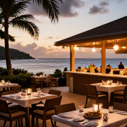 Caribbean Holidays, September Wellness, Outdoor Caribbean restaurant in Saint Kitts at sunset, fresh local food, relaxed tables and warm island lighting