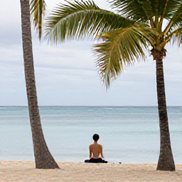Caribbean Holidays, September Wellness, Outdoor wellness scene on a quiet Caribbean beach, person practising gentle yoga beside palm trees with calm sea behind