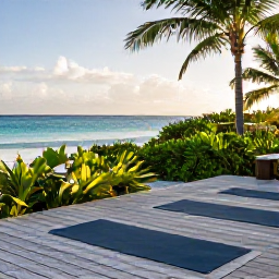 Caribbean Holidays, September Wellness, Outdoor wellness setting beside the sea in Turks and Caicos, with yoga mats on a wooden deck, tropical greenery and peaceful morning light