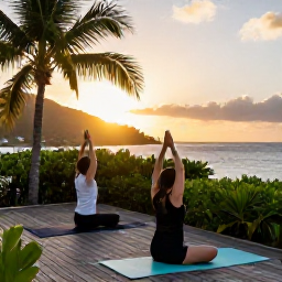 Caribbean Holidays, September Wellness, Outdoor yoga session overlooking the Caribbean Sea on Saint Martin, tropical greenery, wooden deck and peaceful sunrise atmosphere