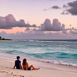 Caribbean Holidays, September Wellness, Peaceful Caribbean evening on Saint Martin, gentle waves, pastel sunset sky and couple relaxing on the beach