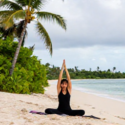 Caribbean Holidays, September Wellness, Person enjoying a gentle yoga session on a quiet Saint Kitts beach, tropical greenery and calm sea in the background