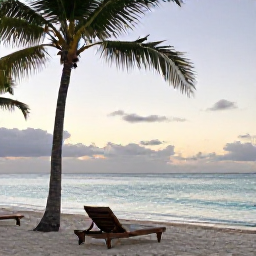 Caribbean Holidays, September Wellness, Quiet Caribbean beach at sunrise in September, calm turquoise sea, palm trees and a comfortable shaded lounger