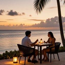 Caribbean Holidays, September Wellness, Relaxed Caribbean evening with a couple dining outdoors beside the sea, soft sunset colours and lantern-lit tables