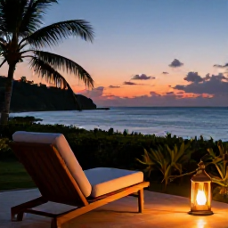 Caribbean Holidays, September Wellness, Relaxed evening on a Caribbean veranda overlooking the sea, comfortable chair, warm lantern light and tropical sunset