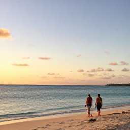 Caribbean Holidays, September Wellness, Relaxed evening on Grace Bay Beach in Turks and Caicos, with warm sunset light, calm sea and a couple walking along the shoreline