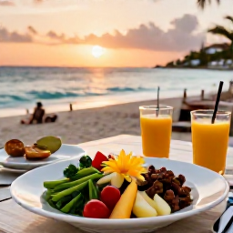 Caribbean Holidays, September Wellness, Relaxed seaside restaurant on Sint Maarten at sunset, healthy Caribbean meal, fresh fruit and ocean view