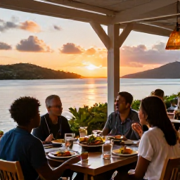 Caribbean Holidays, September Wellness, Relaxed waterfront restaurant in the United States Virgin Islands at sunset, with fresh Caribbean food and diners enjoying the view