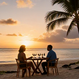 Caribbean Holidays, September Wine Holidays, A couple relaxing after a Caribbean tasting tour on a quiet beach at sunset, with a small table and tropical surroundings