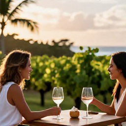 Caribbean Holidays, September Wine Holidays, A relaxed vineyard tasting on a sunny Caribbean island in September, with wine glasses, tropical greenery and gentle afternoon light