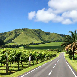Caribbean Holidays, September Wine Holidays, A scenic Caribbean countryside road leading towards a vineyard, with green hills, palm trees and a clear September sky