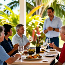 Caribbean Holidays, September Wine Holidays, Visitors enjoying a guided wine tasting at a Caribbean estate, with local dishes, tropical plants and a knowledgeable host