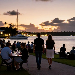 Caribbean Holidays, September Wine Tasting, A couple walking through Gustavia at sunset after a wine tasting, with harbour lights, yachts and warm Caribbean evening light