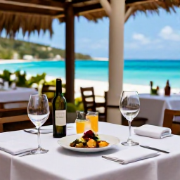 Caribbean Holidays, September Wine Tasting, A small Saint Barth&eacute;lemy restaurant serving French Caribbean dishes with wine glasses and bottles on an outdoor table