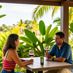 Caribbean Holidays, September Wine Tasting, Couple enjoying a guided wine tasting on a sunny Caribbean terrace surrounded by tropical plants