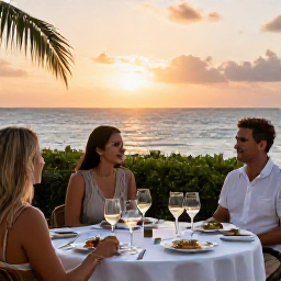 Caribbean Holidays, September Wine Tasting, Elegant outdoor wine tasting at sunset overlooking the Caribbean Sea in Tobago, small plates, wine glasses and gentle tropical breeze