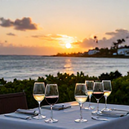 Caribbean Holidays, September Wine Tasting, Elegant wine tasting at a seaside restaurant in St Thomas, United States Virgin Islands, with Caribbean sunset and glasses of white and red wine