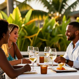 Caribbean Holidays, September Wine Tasting, Relaxed wine tasting table at a Caribbean resort in Trinidad and Tobago, tropical greenery, elegant glasses and warm September light