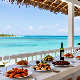 Caribbean Holidays, September Wine Tasting, Wine glasses and Caribbean seafood on a shaded terrace overlooking turquoise water in St Thomas