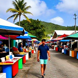 Caribbean Holidays, Solo Adventure Holidays, Friendly solo traveller enjoying a local Caribbean street market with colourful stalls and island scenery