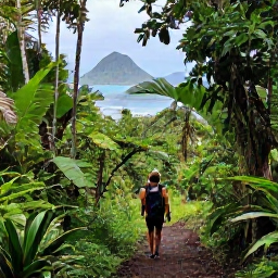 Caribbean Holidays, Solo Adventure Holidays, Hiker following a scenic trail through tropical Caribbean rainforest with mountains and ocean in the distance
