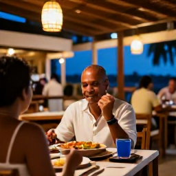 Caribbean Holidays, Solo Antigua November, Friendly solo traveller dining at an outdoor restaurant in Antigua, local Caribbean dishes, lanterns and a relaxed evening atmosphere