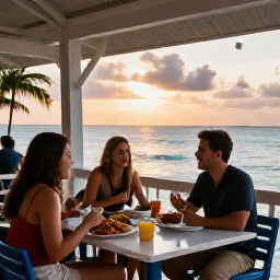 Caribbean Holidays, Solo Bahamas Holidays, Relaxed solo diner enjoying fresh Bahamian seafood at an open-air waterfront restaurant at sunset