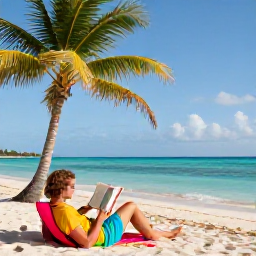 Caribbean Holidays, Solo Bahamas Holidays, Solo traveller relaxing on a Bahamian beach with a book, palm trees and calm turquoise sea in February