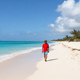 Caribbean Holidays, Solo Bahamas Holidays, Solo traveller walking along a quiet white-sand beach in Nassau, Bahamas, beneath a bright February sky