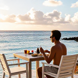 Caribbean Holidays, Solo Caribbean, A peaceful Caribbean hotel terrace overlooking the sea, solo traveller enjoying breakfast and warm morning light