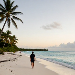 Caribbean Holidays, Solo Caribbean, A solo traveller strolling along a quiet Caribbean beach at sunrise, turquoise sea, soft sand and palm trees