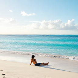 Caribbean Holidays, Solo Caribbean December, A solo traveller relaxing on a quiet Caribbean beach in December, turquoise sea, soft white sand and gentle morning sunlight