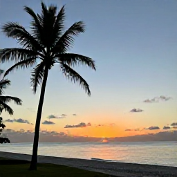 Caribbean Holidays, Solo Caribbean December, Happy solo traveller watching a Caribbean sunset from a palm-lined beach, calm sea, warm orange sky and relaxed evening atmosphere