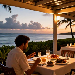 Caribbean Holidays, Solo Caribbean December, Solo traveller dining at a relaxed Caribbean beachfront restaurant at sunset, local dishes on the table and warm lights around the terrace