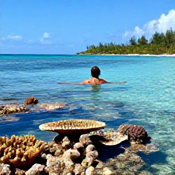 Caribbean Holidays, Solo Caribbean December, Solo traveller snorkelling in calm Caribbean water above colourful coral and tropical fish, sunny coastal landscape in the background