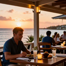 Caribbean Holidays, Solo Caribbean Holidays, A solo holidaymaker dining at a relaxed open-air Caribbean restaurant at sunset, local food and friendly atmosphere