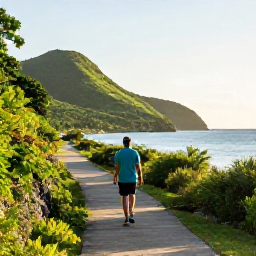 Caribbean Holidays, Solo Caribbean Holidays, A solo traveller enjoying a scenic Caribbean coastal walk at golden hour, lush hills, calm sea and a safe inviting path